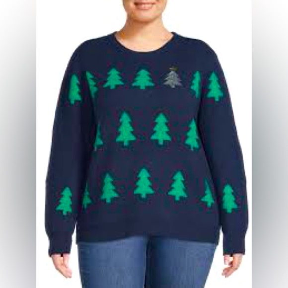 Holiday Time Navy and Green Sweater Holiday Christmas Crewneck Women’s Plus 3X - Picture 1 of 4